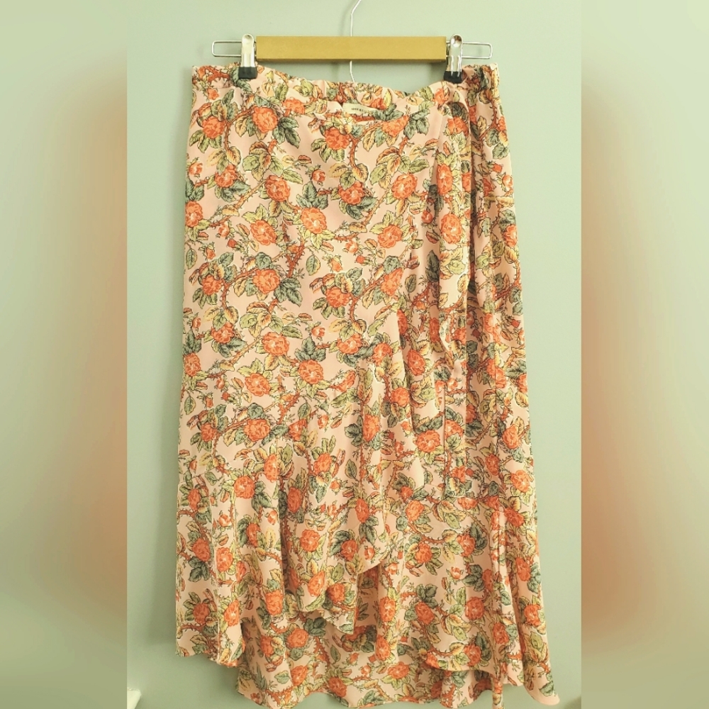 Midi light pink skirt with red flowers and green leaves. Size XL